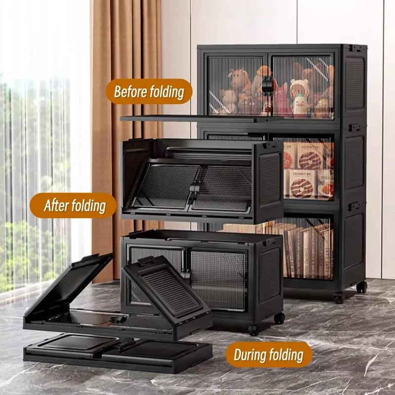 Foldable Storage Cabinet with Clear Double Doors & Wheels