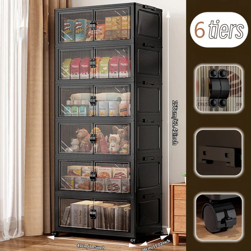 Foldable Storage Cabinet with Clear Double Doors & Wheels