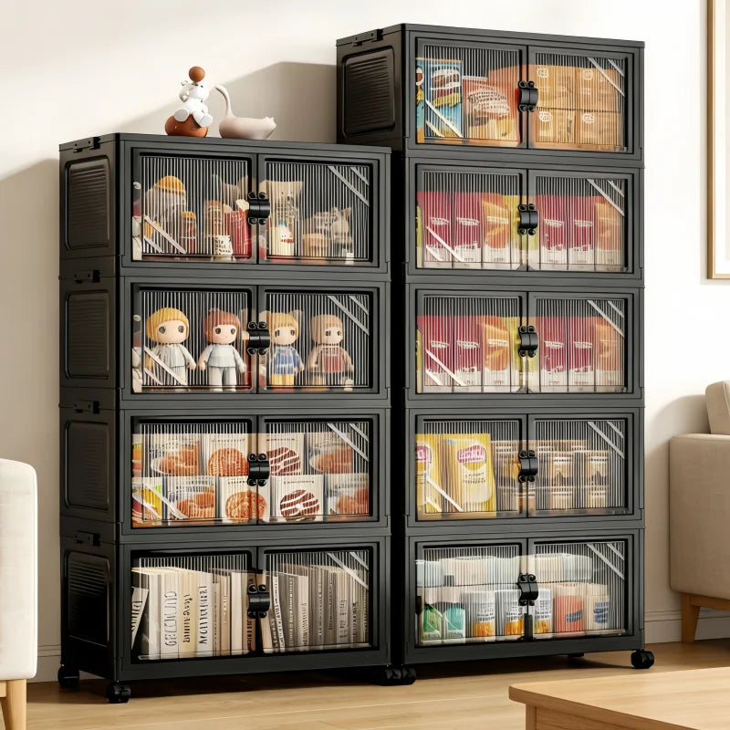Foldable Storage Cabinet with Clear Double Doors & Wheels