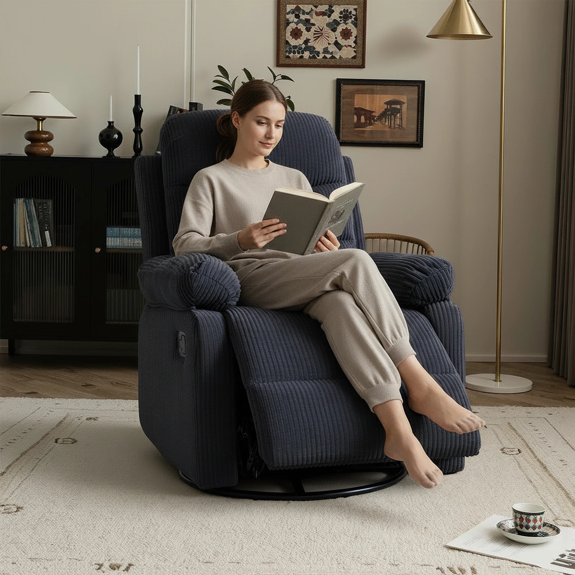 Oversized Corduroy Swivel Recliner Chair