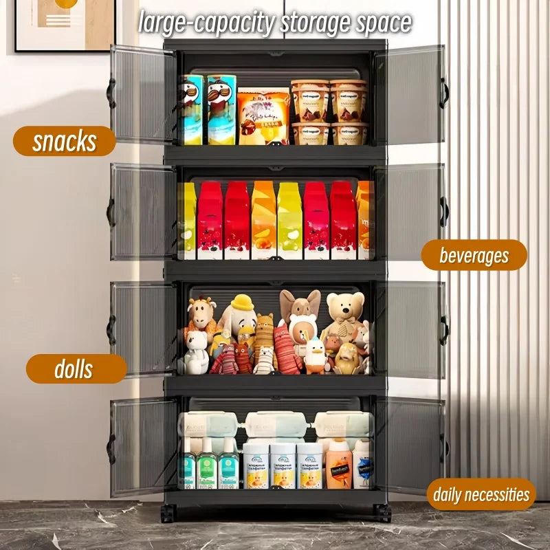 Foldable Storage Cabinet with Clear Double Doors & Wheels