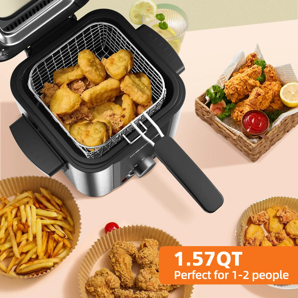 Electric Small Deep Fryer, 1.5 L/1.6 QT, Cool Touch Sides, Easy Cleanup, Basket