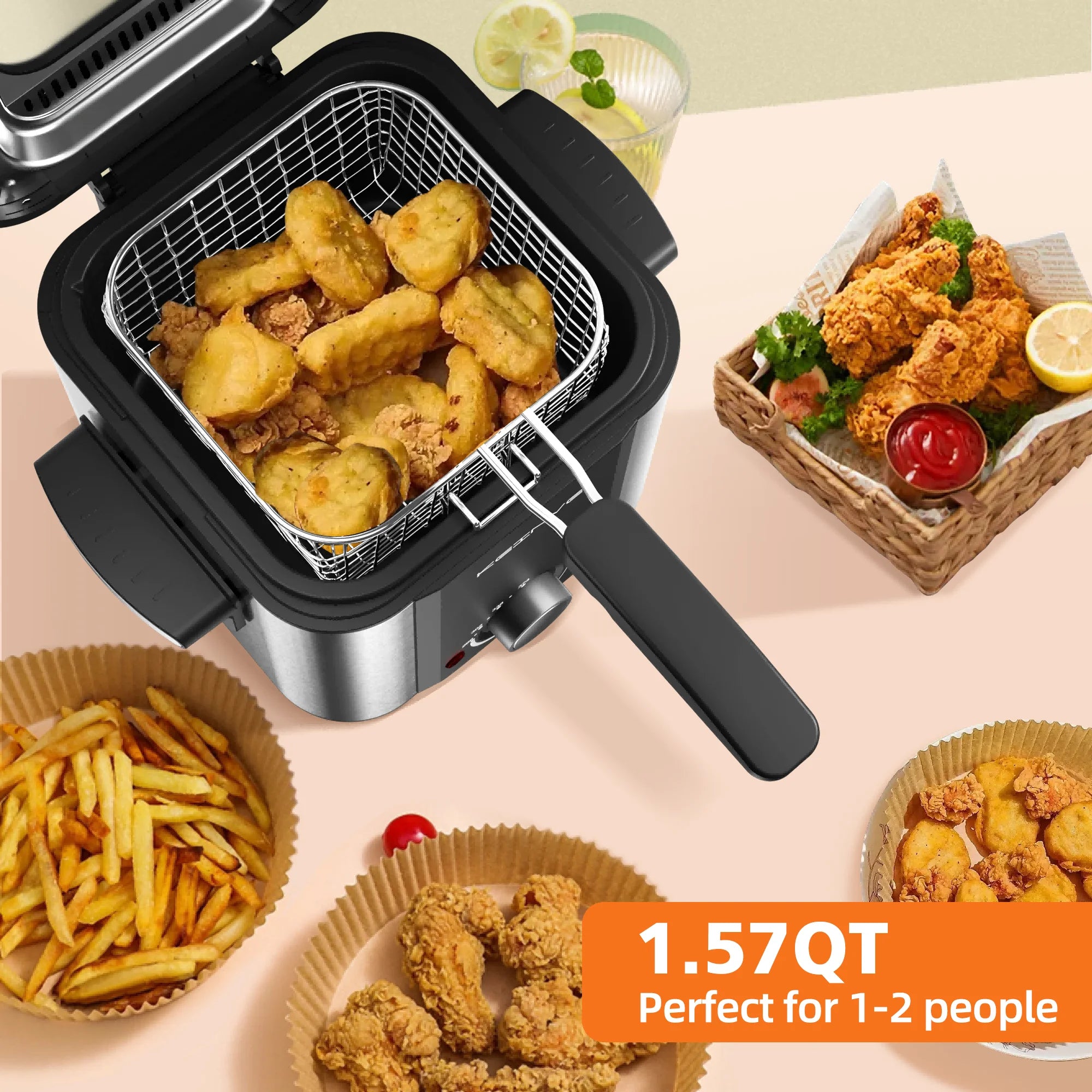 Electric Small Deep Fryer, 1.5 L/1.6 QT, Cool Touch Sides, Easy Cleanup, Basket