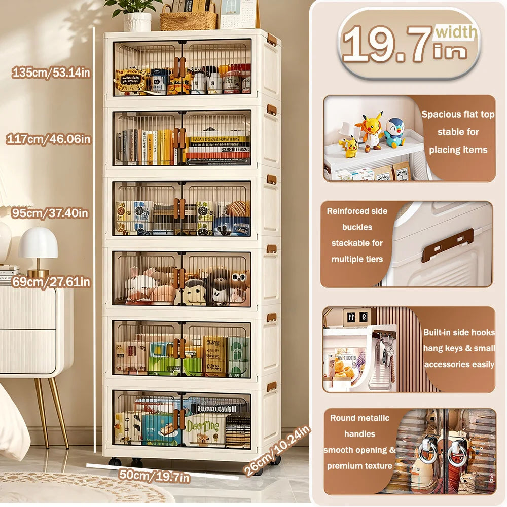 19.7 Inch 3 to 6-Tier Foldable Storage Cabinet with Wheels
