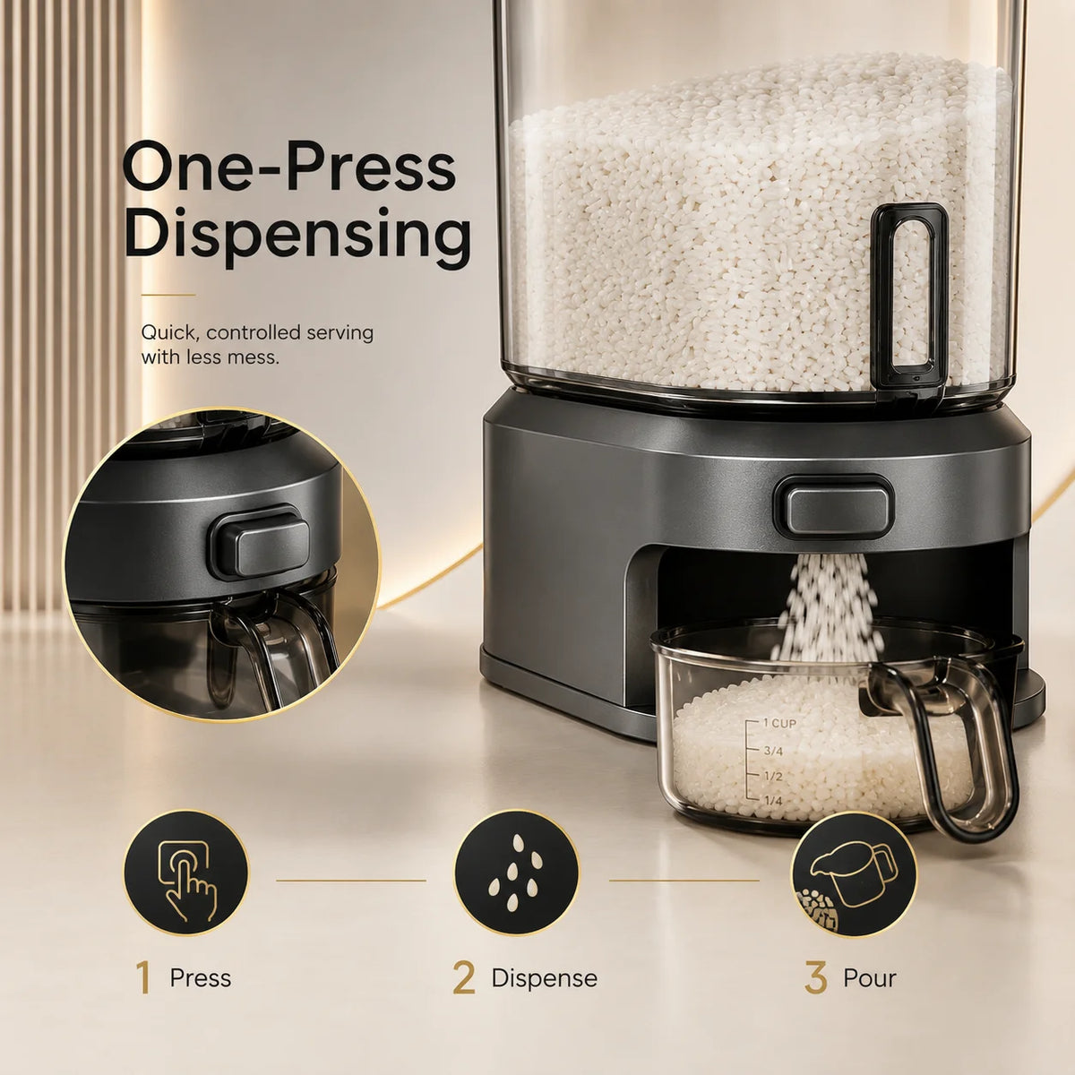 Black Transparent Rice Dispenser with Measuring Cup