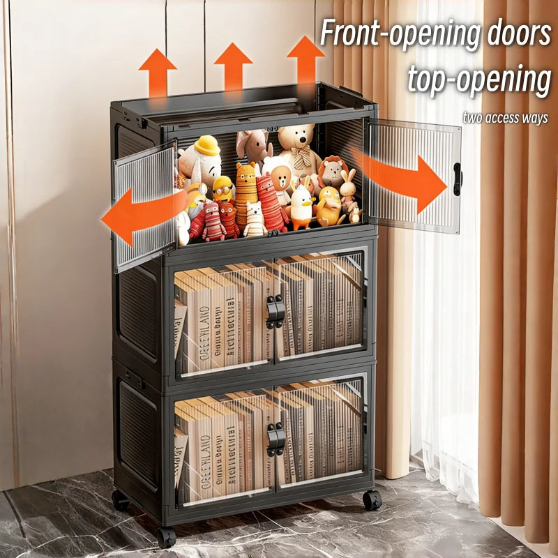 Foldable Storage Cabinet with Clear Double Doors & Wheels