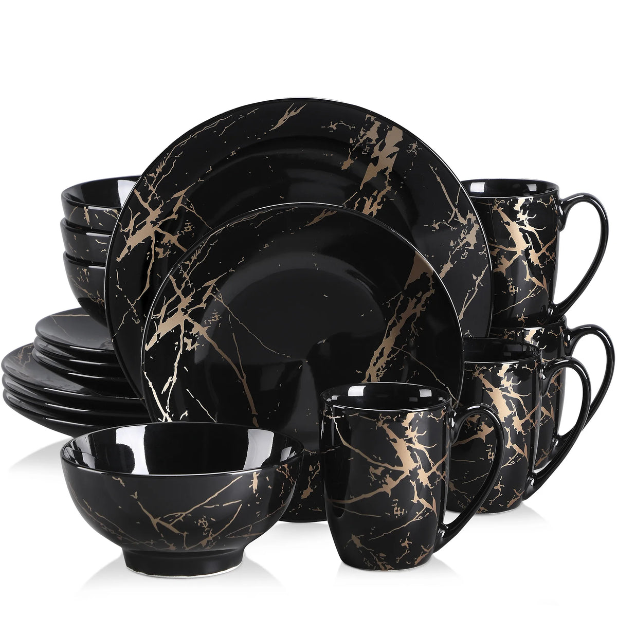 Black Porcelain Dinnerware Set with Gold Splash Design