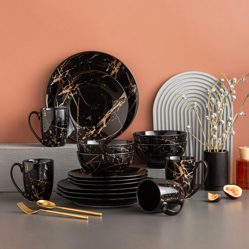 Black Porcelain Dinnerware Set with Gold Splash Design