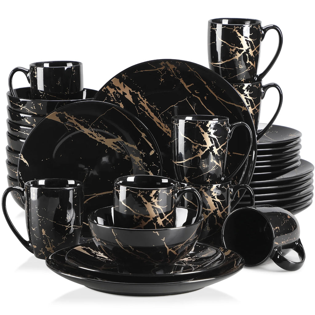 Black Porcelain Dinnerware Set with Gold Splash Design