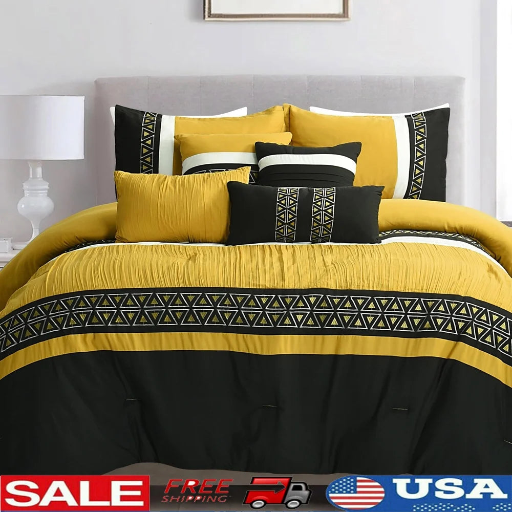 Soft Luxurious 7 Piece Yellow Embroidered Queen Comforter Set, Machine Washable