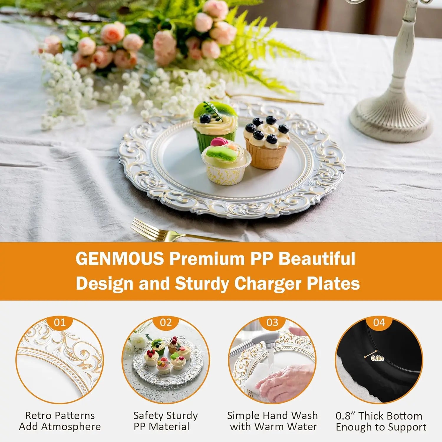13" White Vintage Embossed Plastic Charger Plates - Set of 6