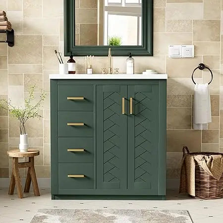 30" Bathroom Vanity with Ceramic Sink, Storage Cabinet, 4 Drawers, 2 Doors
