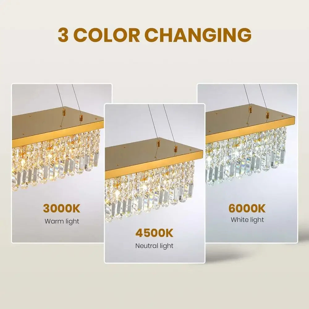 Modern Rectangular Crystal Chandelier – Gold Pendant Light Fixture with 8 Lights & Adjustable Chain