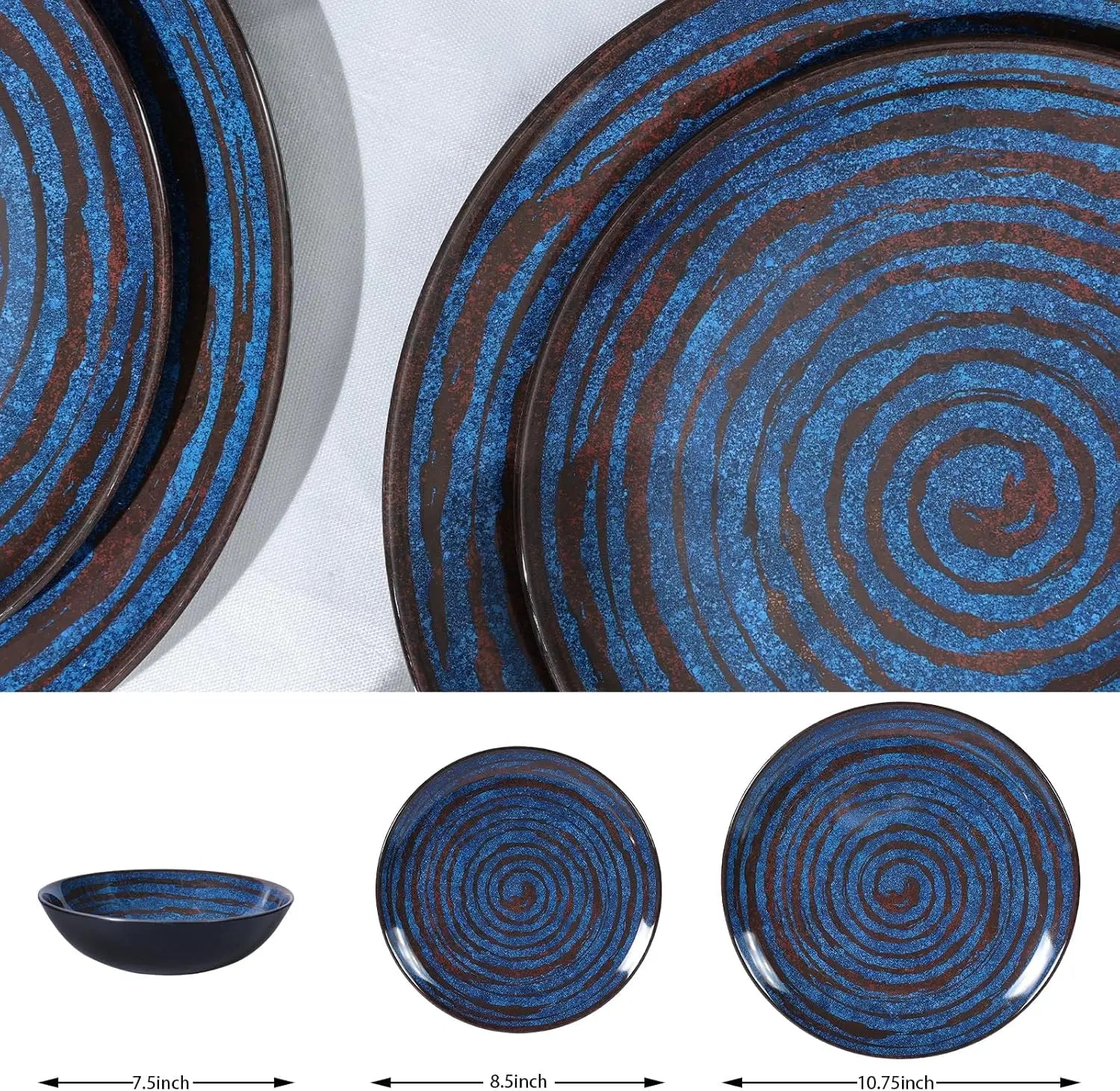 Melamine Dinnerware Set – 12-Piece Service for 4, Blue Threaded Design