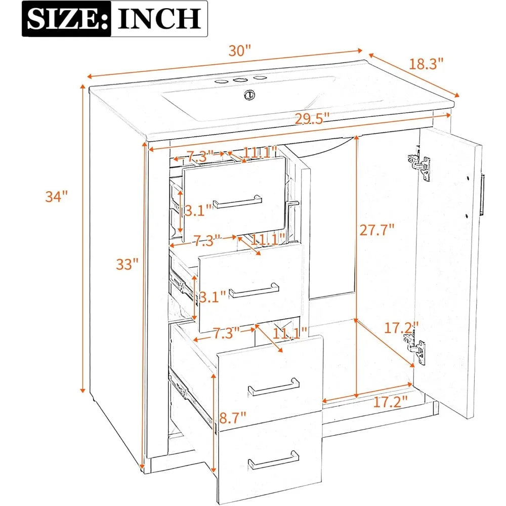 30" Bathroom Vanity with Ceramic Sink, Storage Cabinet, 4 Drawers, 2 Doors