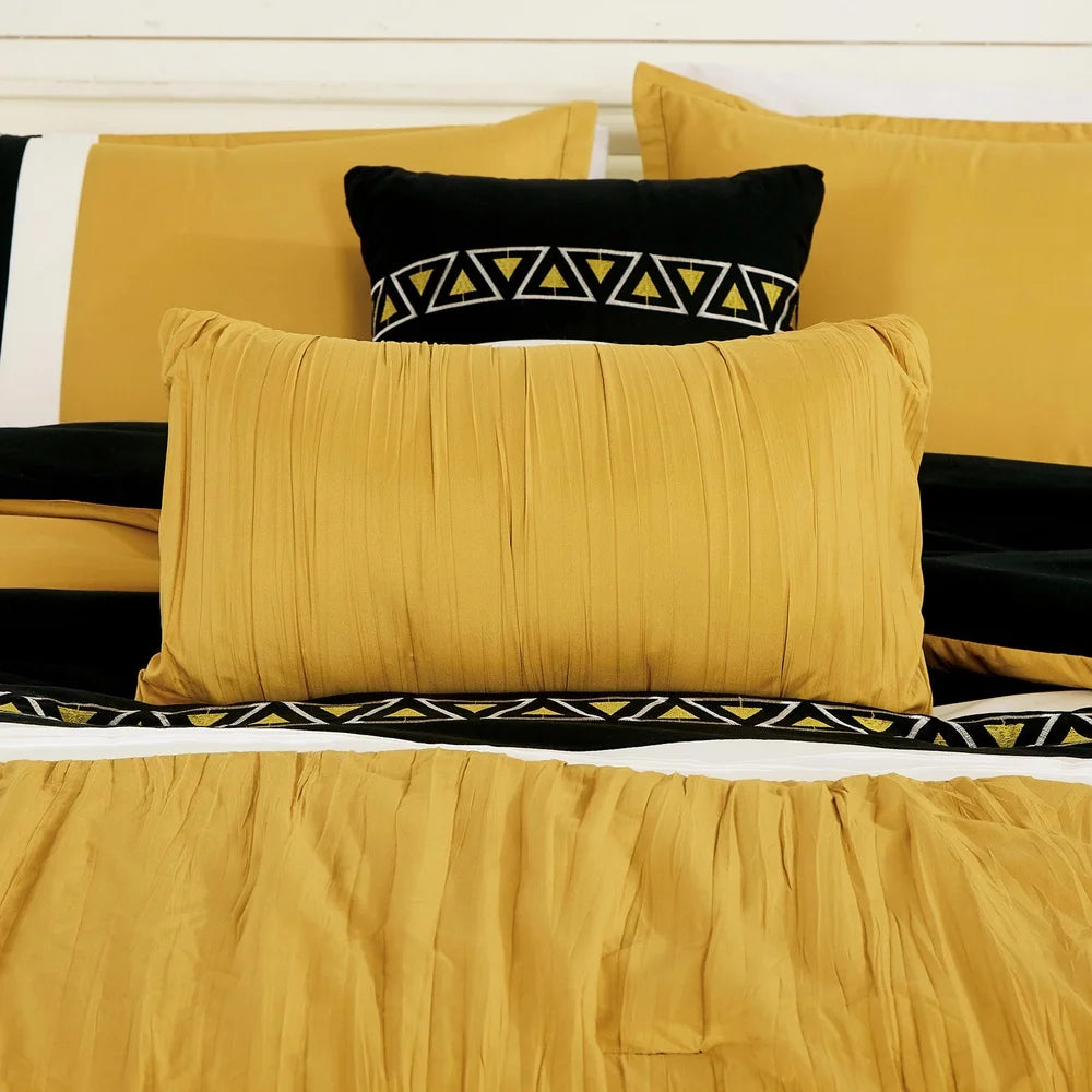 Soft Luxurious 7 Piece Yellow Embroidered Queen Comforter Set, Machine Washable