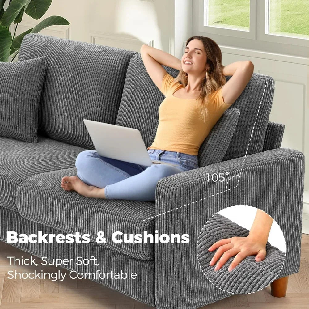 Grey Sofa, Extra Deep Corduroy Couch – 21” Seat Depth, Tool-Free Assembly