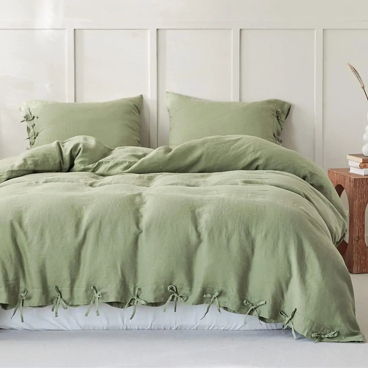 3 Pcs Bedding Set, 100% Linen with Bowknot Ties – French Queen/King