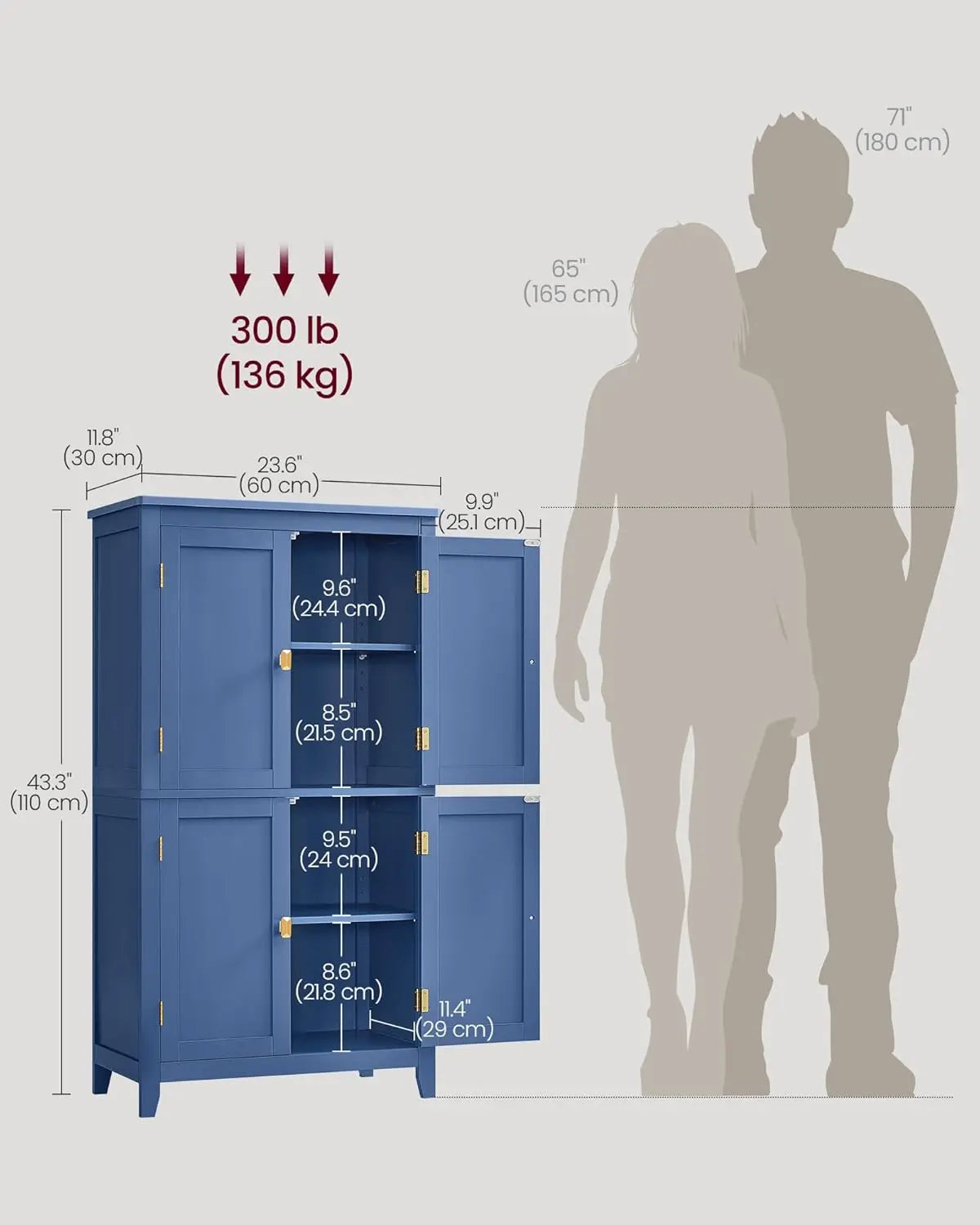 Bathroom Storage Cabinet with 4 Doors, Adjustable Shelves, 11.8 x 23.6 x 43.3