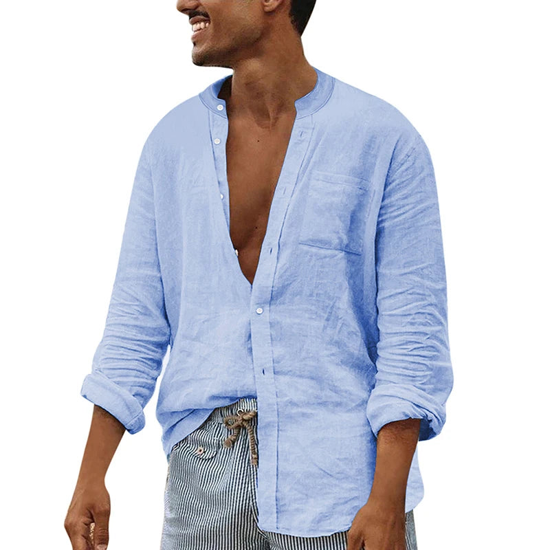 Men’s Casual Long Sleeve Mock Neck Solid Color Button-Up Shirt