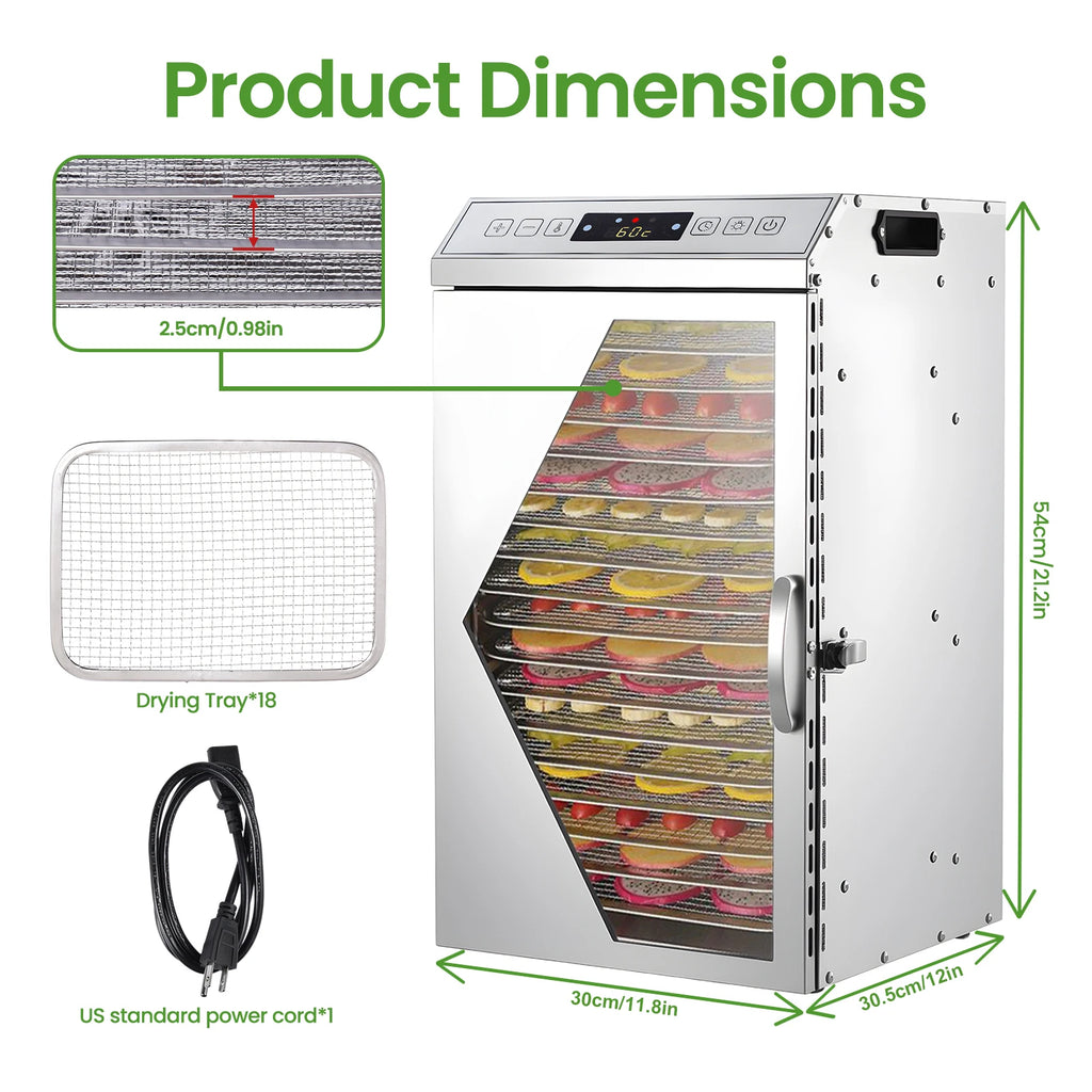 800W 18-Tray Stainless Steel Food Dehydrator