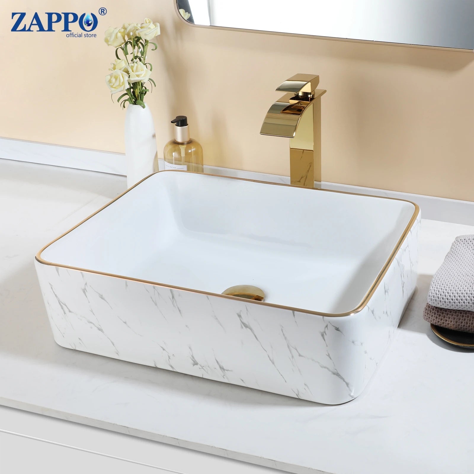19" Gold Faucet Marbled Ceramic Countertop Sink