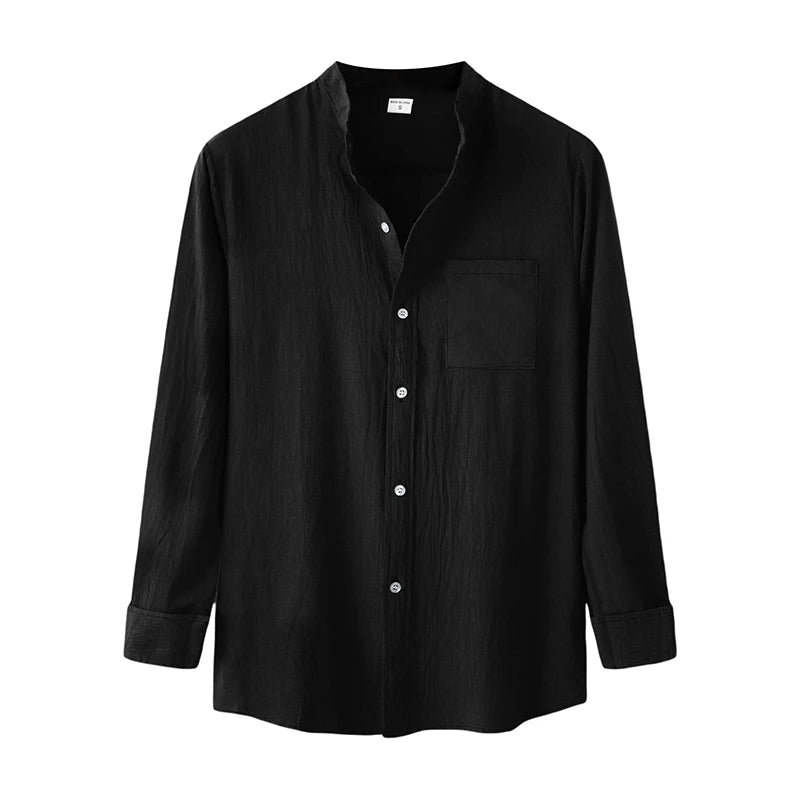 Men’s Casual Long Sleeve Mock Neck Solid Color Button-Up Shirt