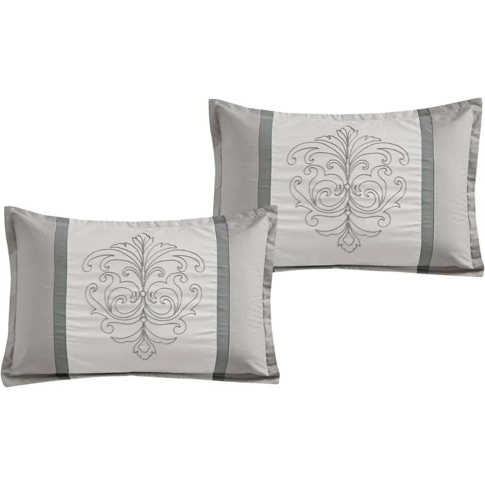 Luxury 7-Piece Full/Queen Comforter Set – Modern Damask Embroidered Grey Elegance