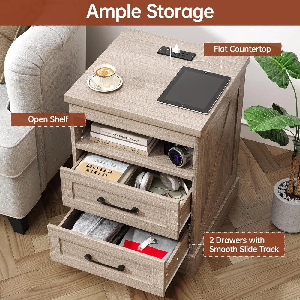 18'' Farmhouse Nightstand with LED Lights, Power Outlets & USB Ports