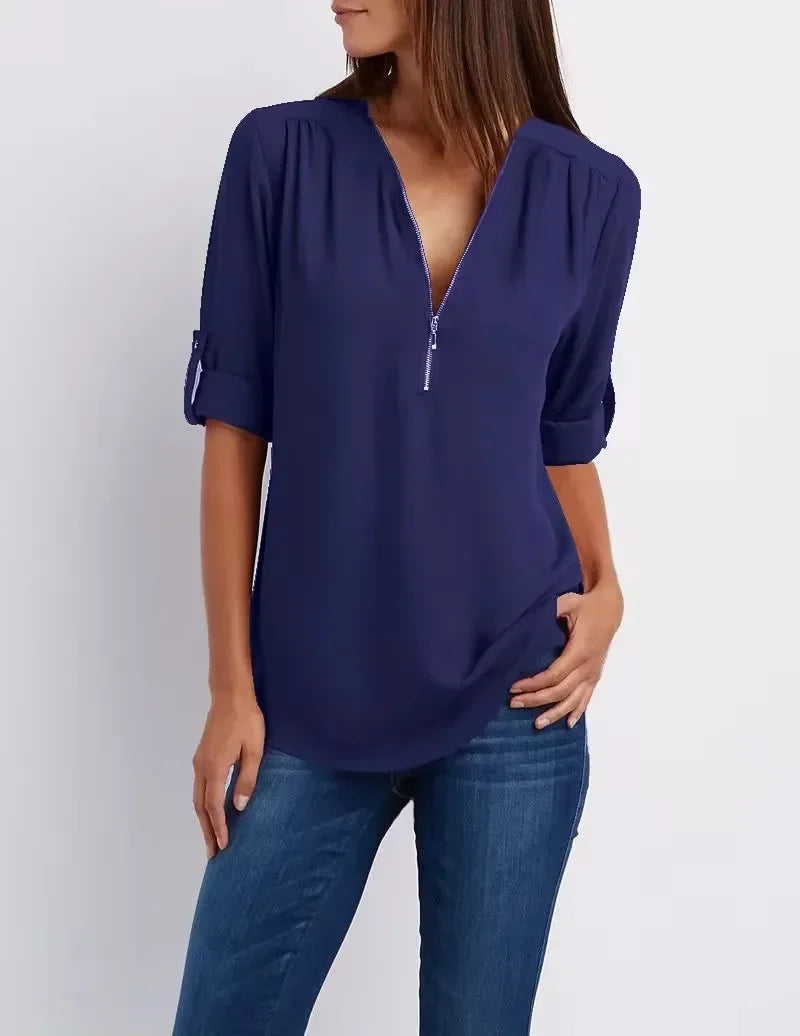 Women’s Loose Casual Deep V-Neck Chiffon Blouse – Zipper Pullover