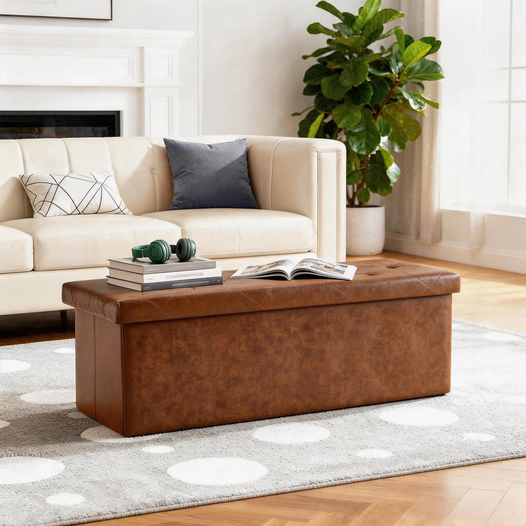 Tufted Faux Leather Storage Bench & Folding Ottoman