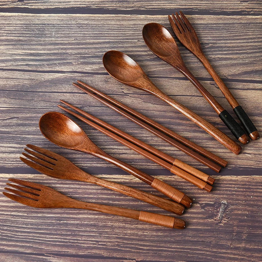Natural Wood 3-Piece Tableware Set – Spoon, Fork & Chopsticks