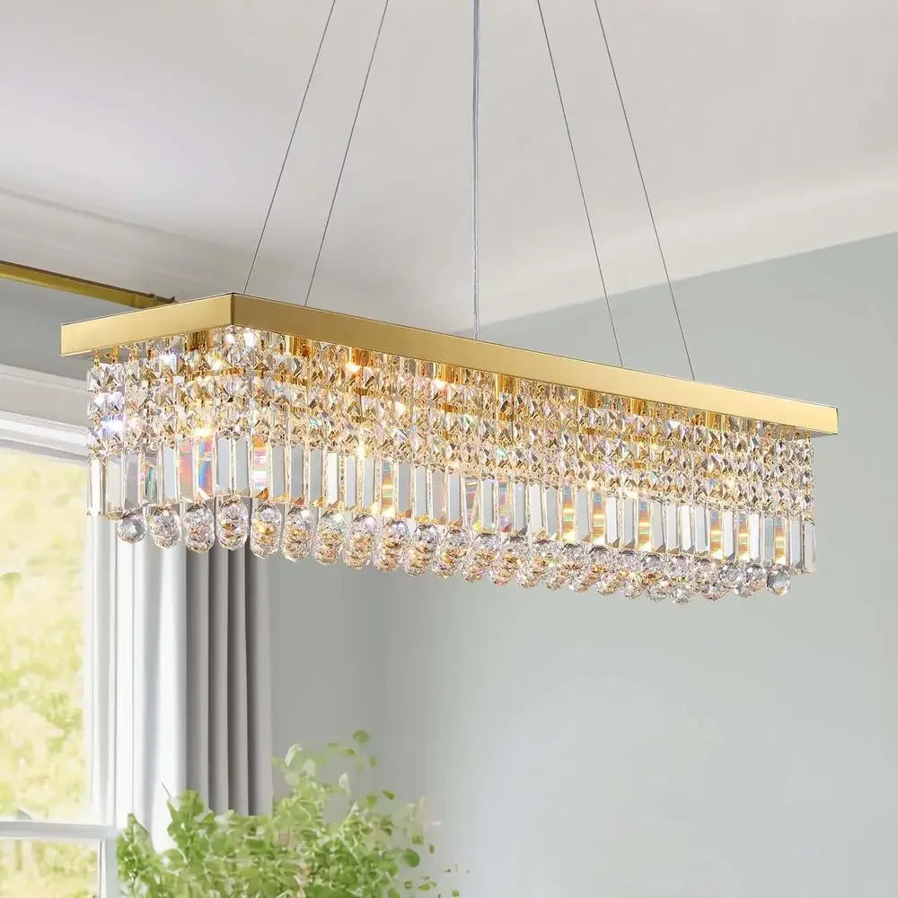 Modern Rectangular Crystal Chandelier – Gold Pendant Light Fixture with 8 Lights & Adjustable Chain