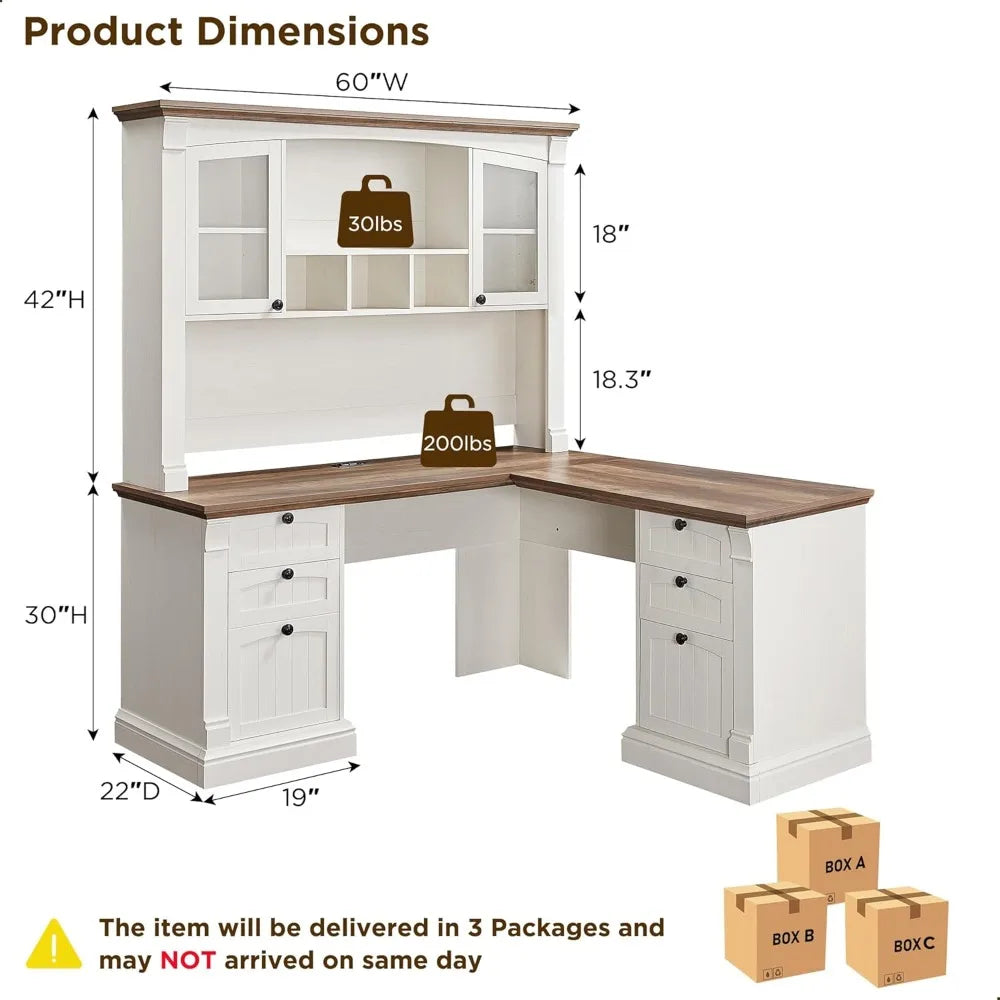 60" L Shaped Executive Desk with Hutch, Drawers & Charging Station