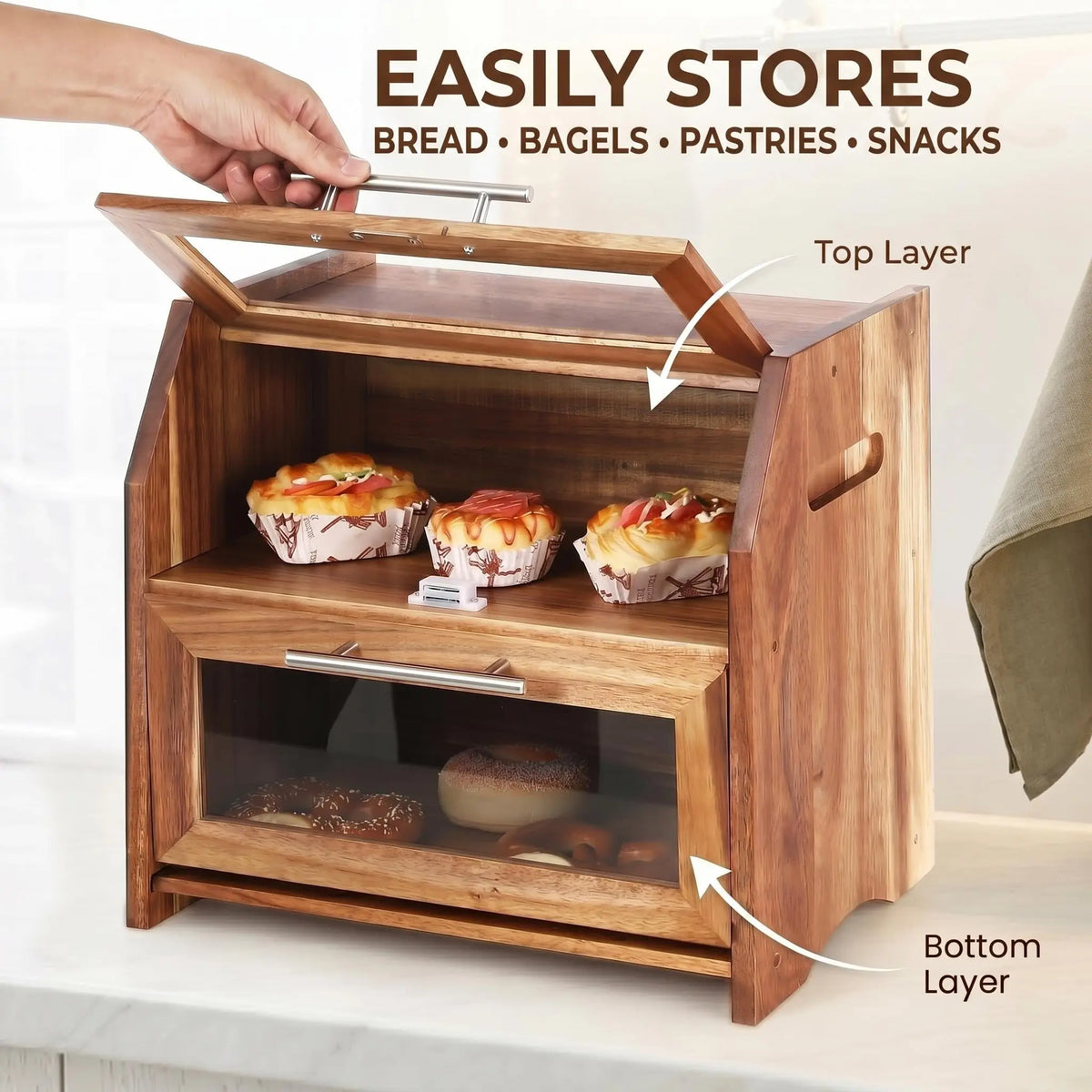 Acacia Wood Double-Layer Bread Box with Clear Acrylic Doors