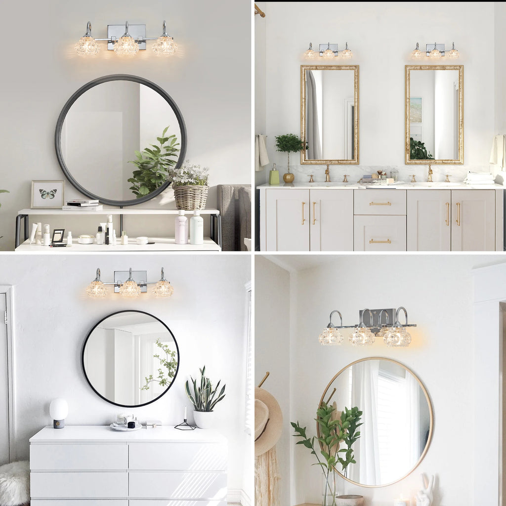 17" Brushed Nickel Finish Vintage Crystal Vanity Light – Elegant 3-Light Bathroom Mirror Fixture with Clear Glass Shades