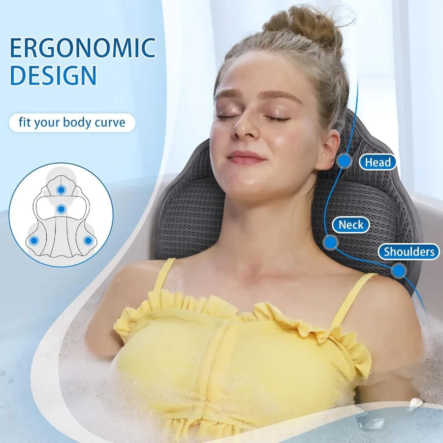 Luxury Bath Pillow with 4D Mesh Design, Ergonomic Support, Suction Cups