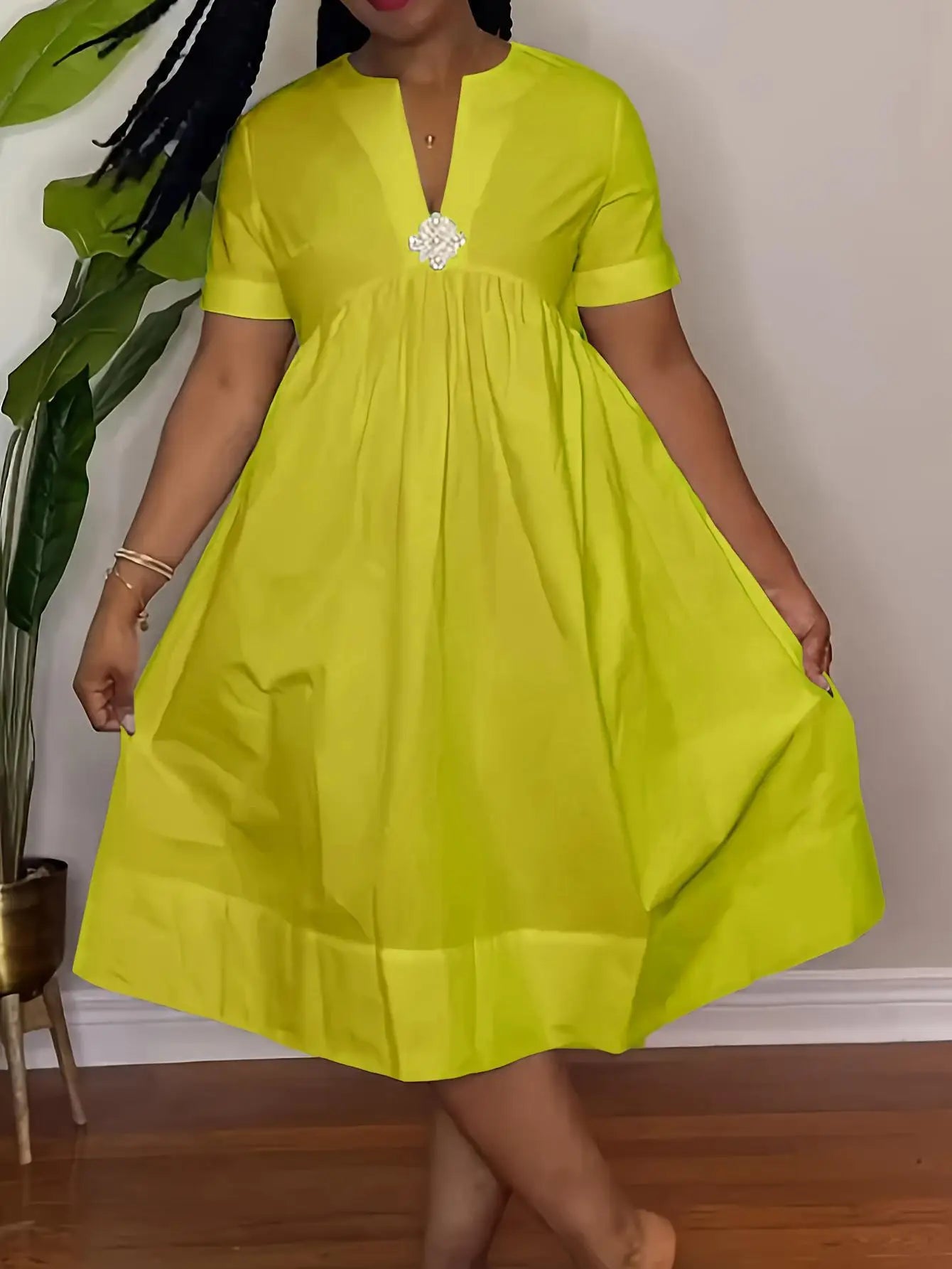 Casual Short Sleeved V-neck Waist Cinched Loose A-line Skirt