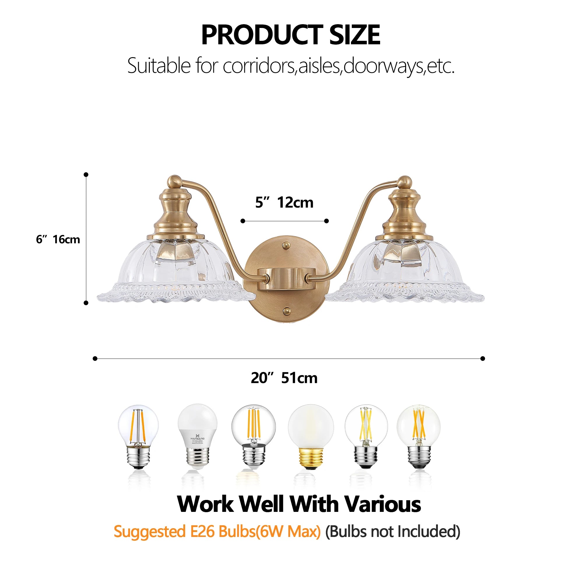 20 Inch 2-Light Elegant Vintage Bathroom Wall Sconce – Golden Metal and Glass Lampshade