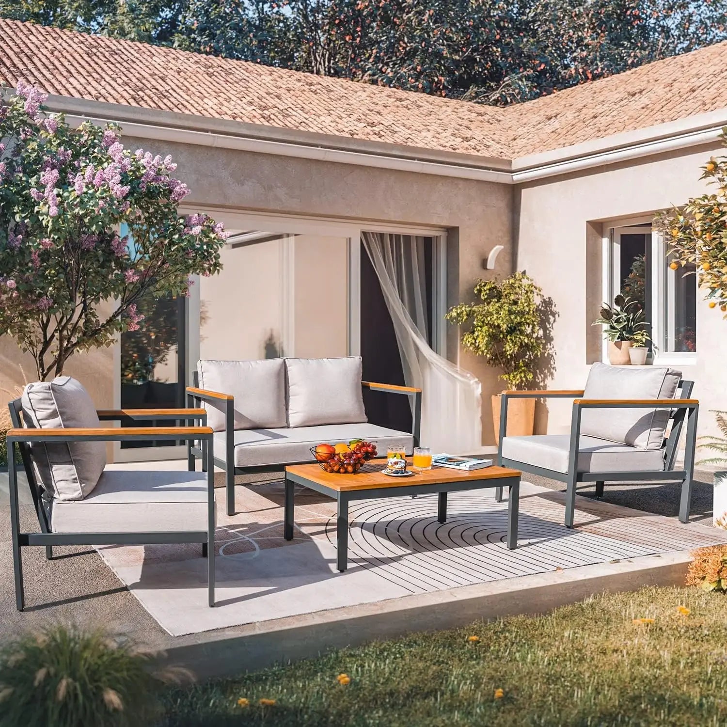 4-Piece Patio Lounge Set with Solid Wood Armrests & Tabletop, Waterproof Cushions – Light Beige