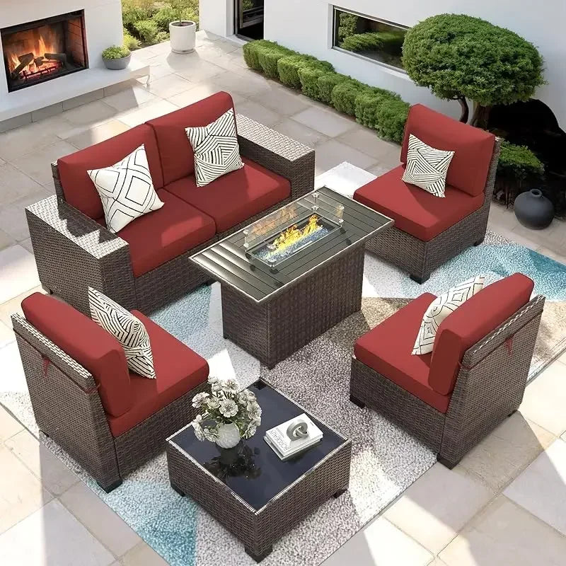 RPD4-7 Piece Patio Furniture Set with Fire Pit Table