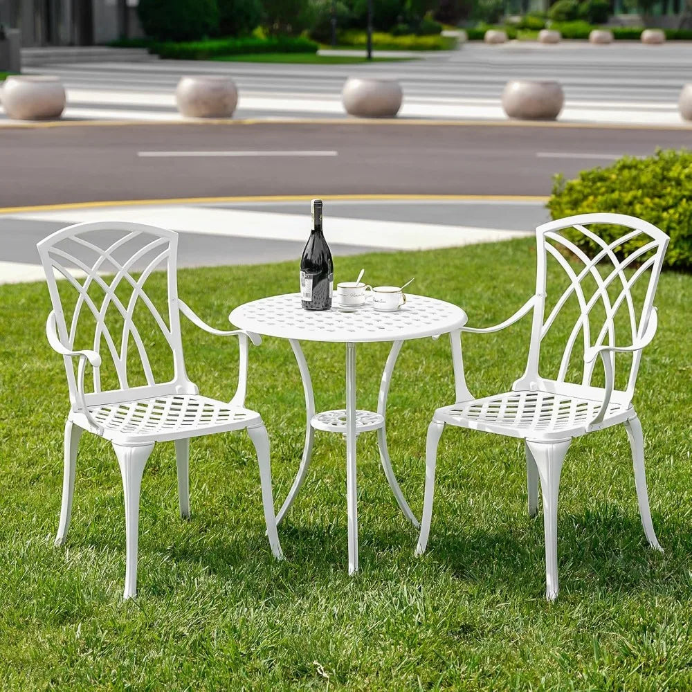 White Cast Aluminum Bistro Set – 3 Piece Outdoor Patio Table & Chairs