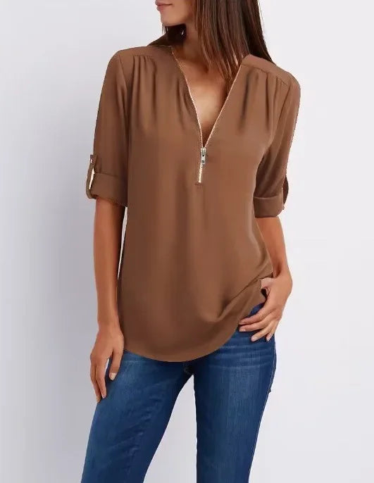 Women’s Loose Casual Deep V-Neck Chiffon Blouse – Zipper Pullover