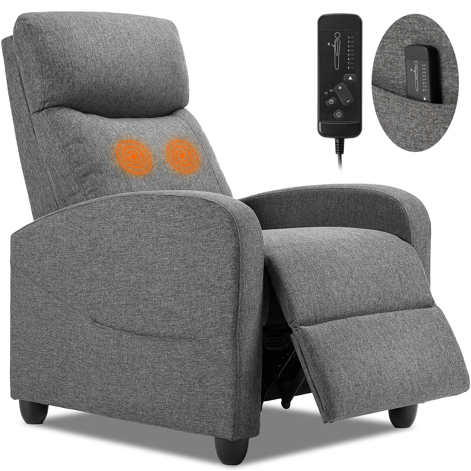 Recliner Massage Chair, Sofa Fabric, Adjustable Padded Seat Backrest, Lumbar Support