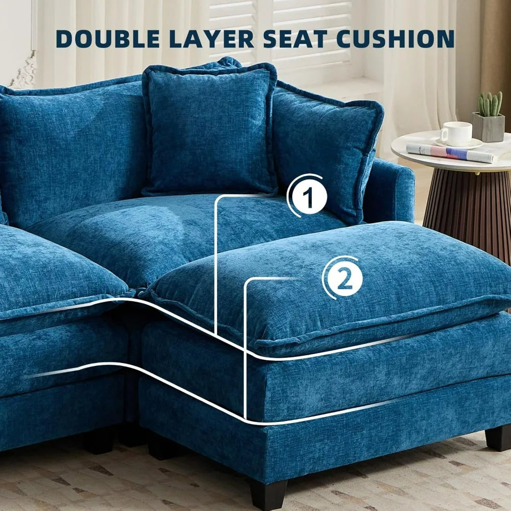 111.5” Modular L-Shaped Sectional Sofa with Ottoman and Pillows, Chenille Upholstery