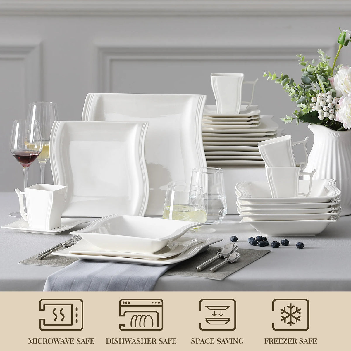 FLORA 30/60-Piece White Porcelain Dinner Set