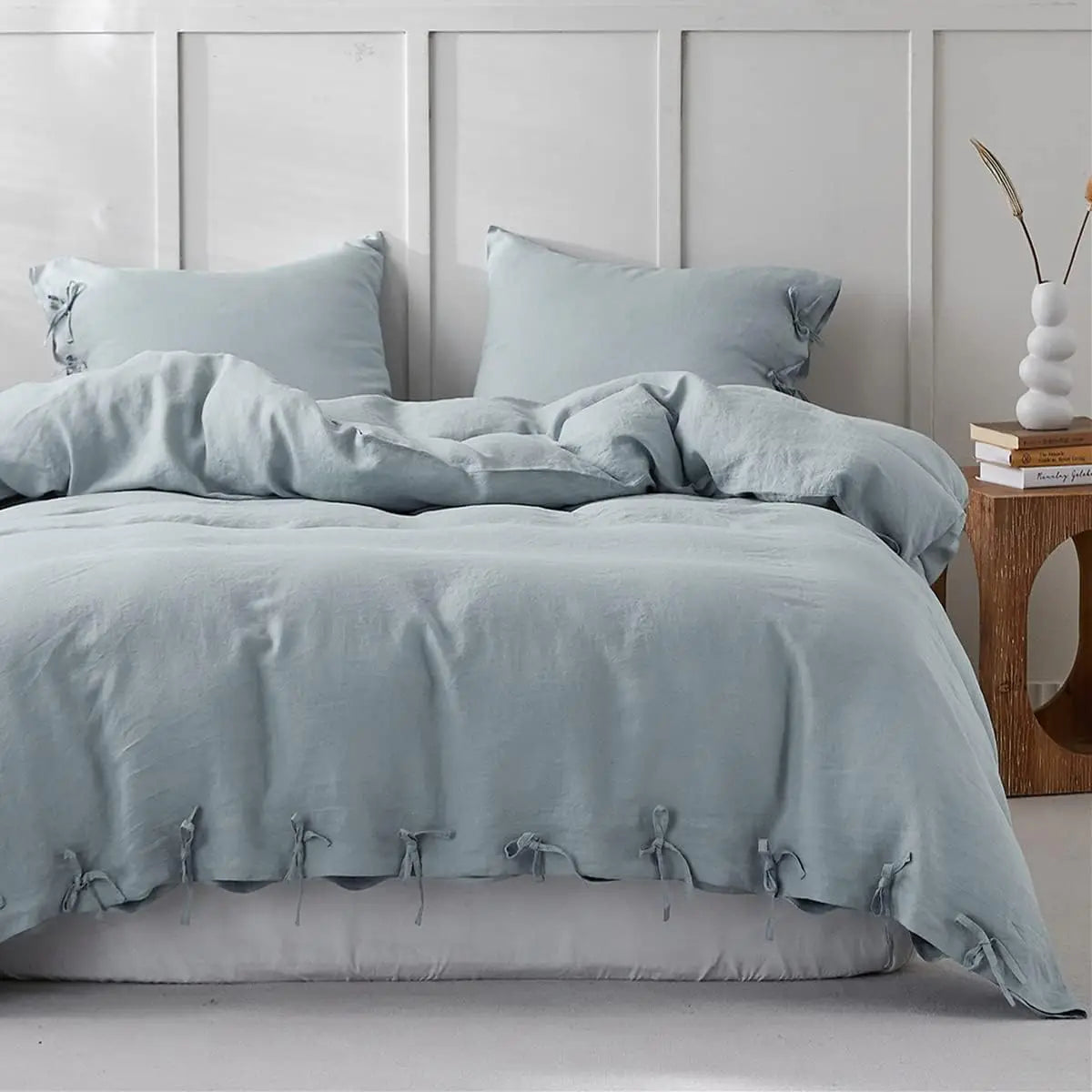 3 Pcs Bedding Set, 100% Linen with Bowknot Ties – French Queen/King