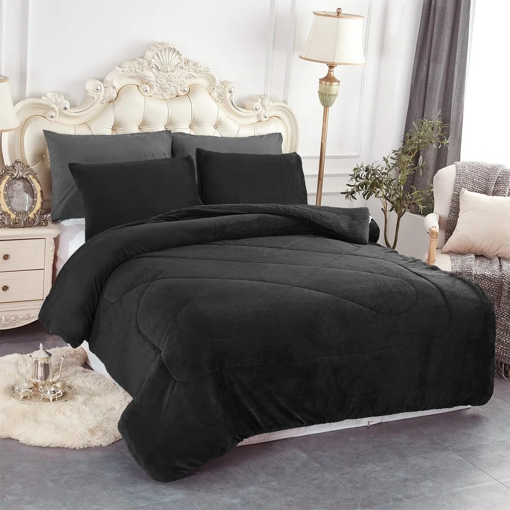 3 PC Sherpa Fleece Bed Blanket Set - Reversible - King Size