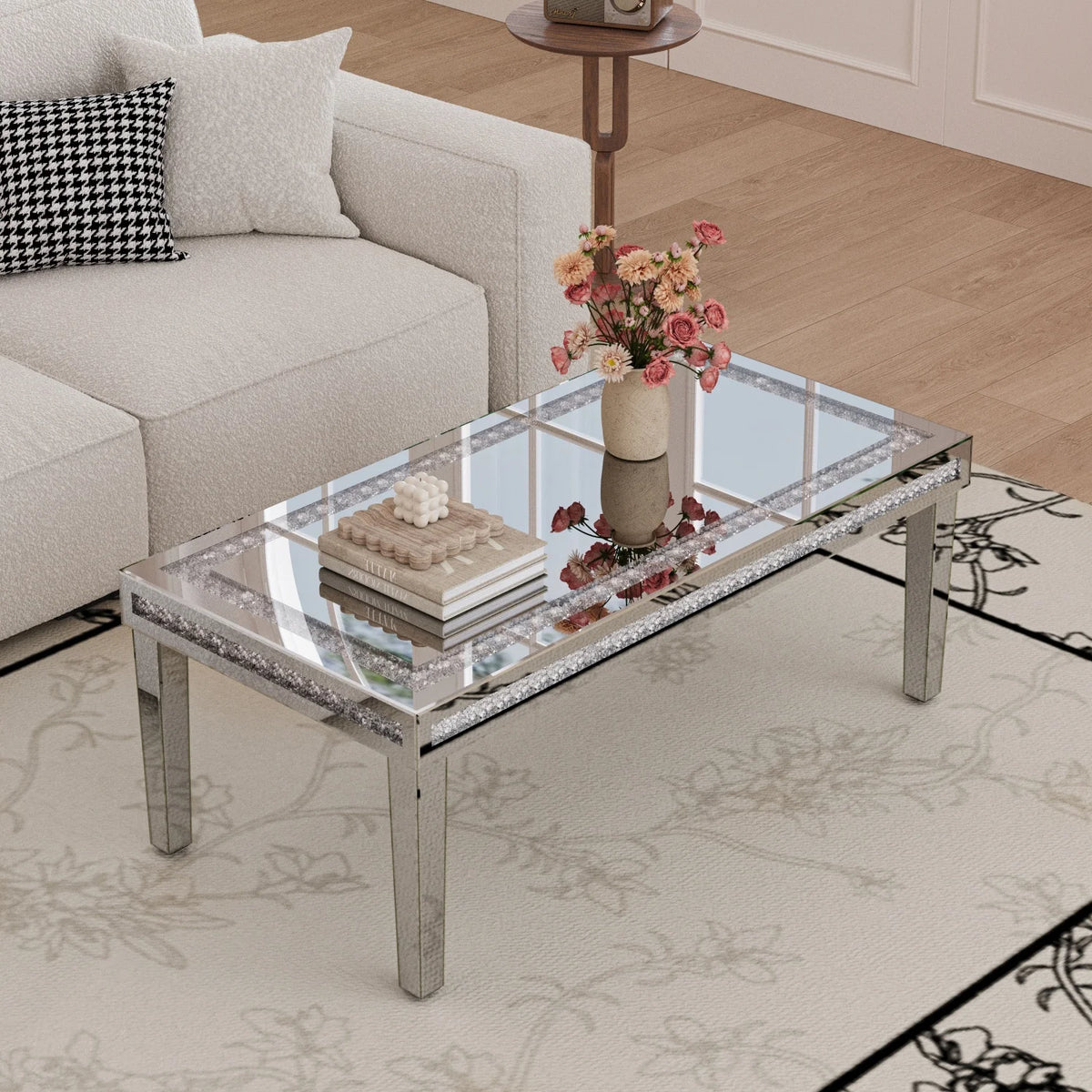 Rectangle Mirrored Coffee Table with Crystal Diamond Inlay