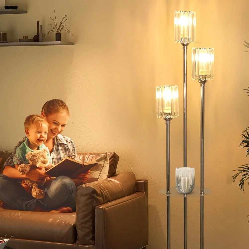 Modern Floor Lamp with Shelves – 3-Light Crystal Shade Standing Lamp, Silver